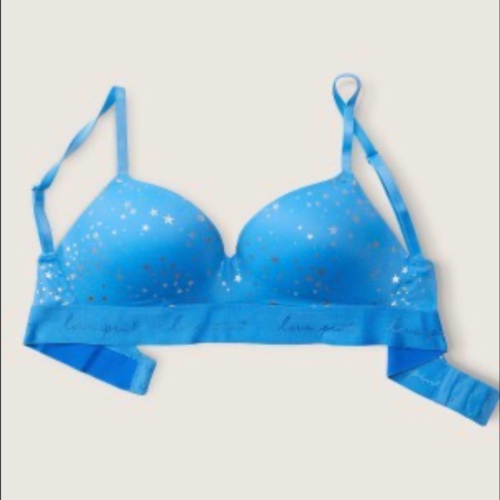 PINK Victoria's Secret Bright Blue Star Print Lightly Padded Bra 32DD‎